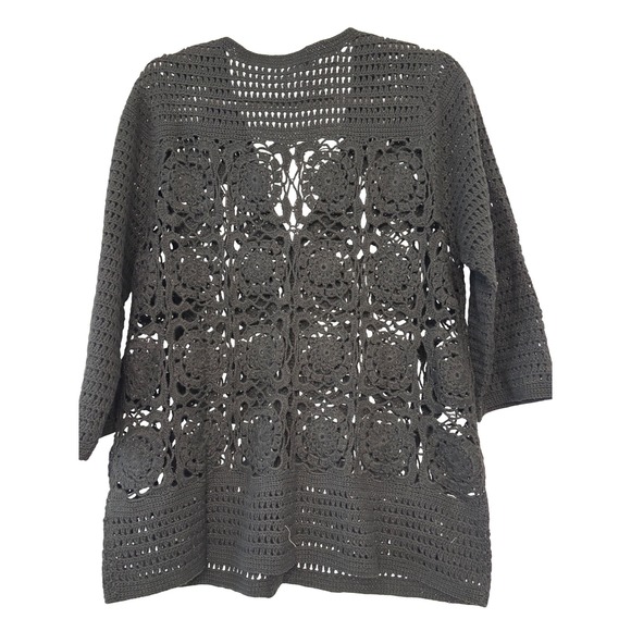 Liz Claiborne New York Black Crochet Cardigan Floral Open Knit V-Neck Medium - Picture 3 of 4